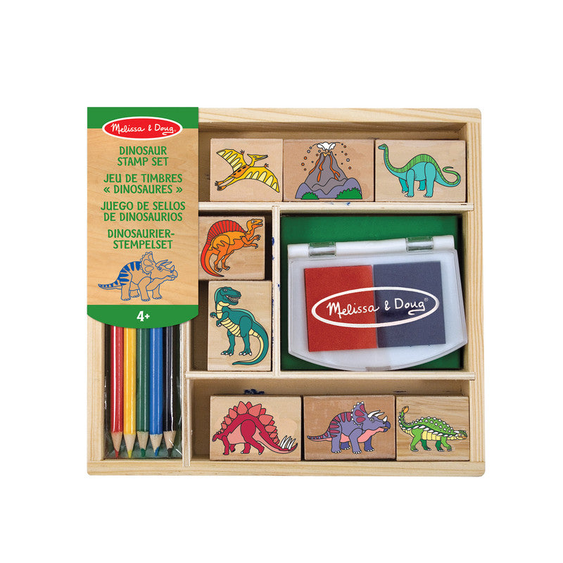 Melissa & Doug Wooden Stamp Set: Dinosaurs - 8 Stamps, 5 Colored Pencils, 2-Color Stamp Pad