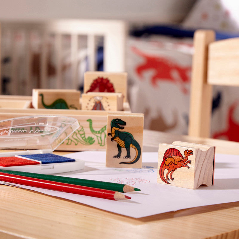 Melissa & Doug Wooden Stamp Set: Dinosaurs - 8 Stamps, 5 Colored Pencils, 2-Color Stamp Pad