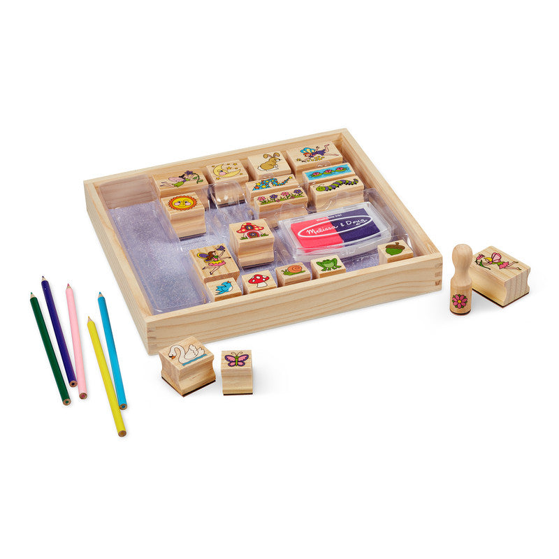 SMD _MELISSA & DOUG _SPIN MASTER Melissa & Doug Stamp-a-Scene Stamp Pad: Fairy Garden - 20 Wooden Stamps, 5 Colored Pencils, and 2-Color Stamp Pad - Image 2