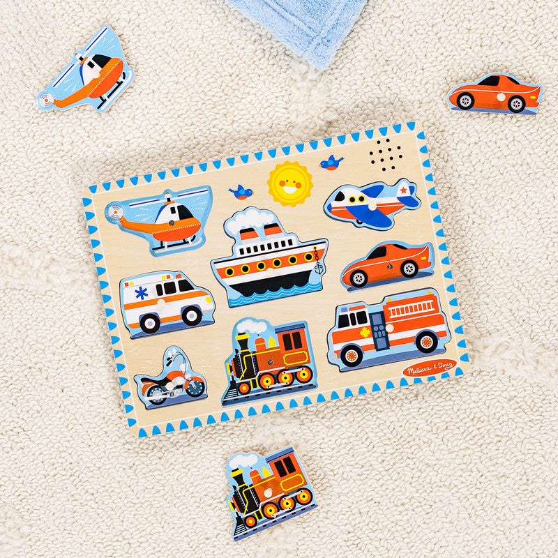 SMD _MELISSA & DOUG _SPIN MASTER Melissa & Doug Vehicles Sound Puzzle - Wooden Peg Puzzle With Sound Effects (8 pcs) - Image 4
