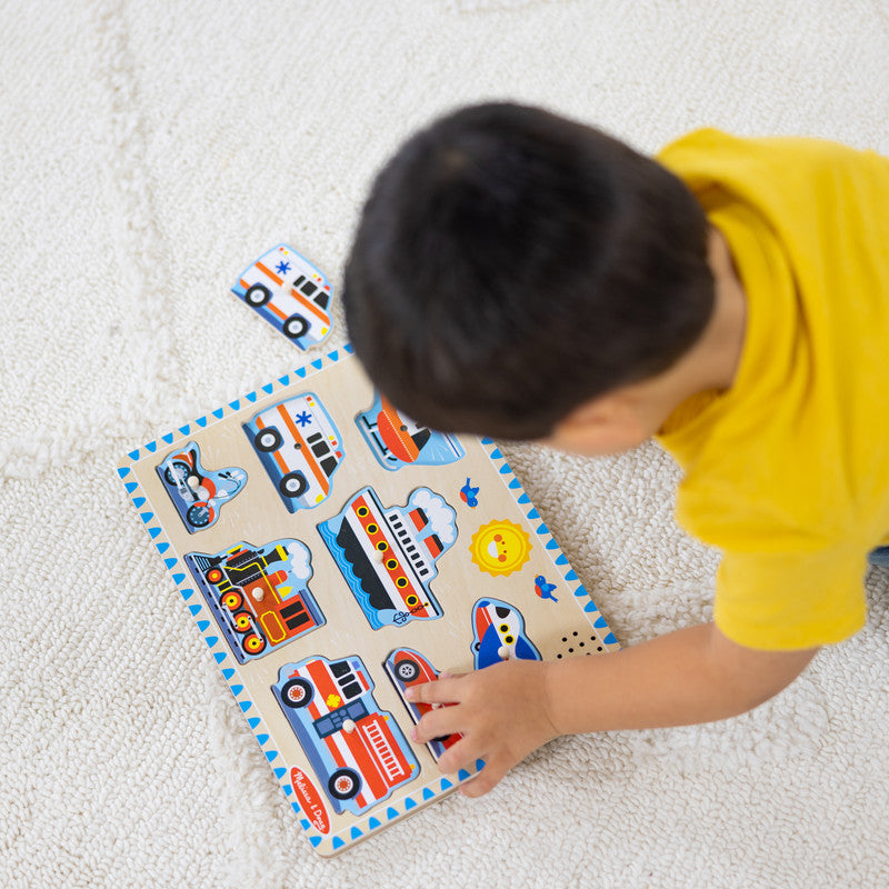 SMD _MELISSA & DOUG _SPIN MASTER Melissa & Doug Vehicles Sound Puzzle - Wooden Peg Puzzle With Sound Effects (8 pcs) - Image 5