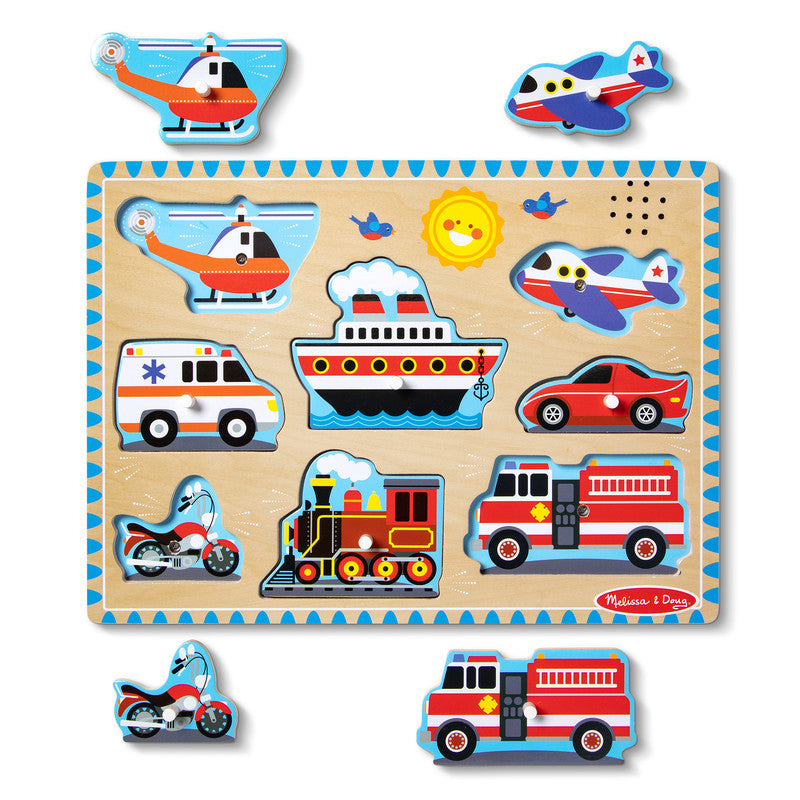 Melissa & Doug Vehicles Sound Puzzle - Wooden Peg Puzzle With Sound Effects (8 pcs)