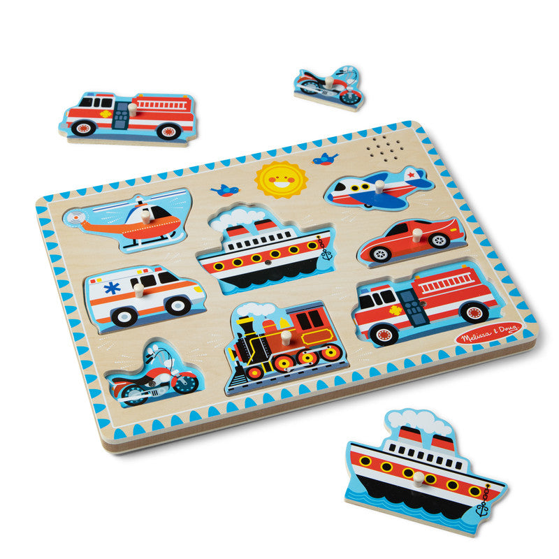 SMD _MELISSA & DOUG _SPIN MASTER Melissa & Doug Vehicles Sound Puzzle - Wooden Peg Puzzle With Sound Effects (8 pcs) - Image 2