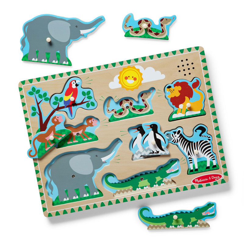 SMD _MELISSA & DOUG _SPIN MASTER Melissa & Doug Zoo Animals Sound Puzzle - Wooden Peg Puzzle With Light-Activated Sound Effects (8 pcs) - Image 2