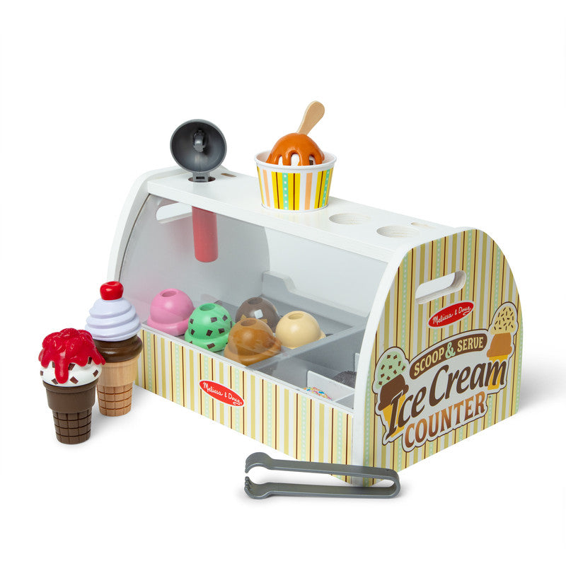 SMD _MELISSA & DOUG _SPIN MASTER Melissa & Doug Wooden Scoop and Serve Ice Cream Counter (28 pcs) - Play Food and Accessories