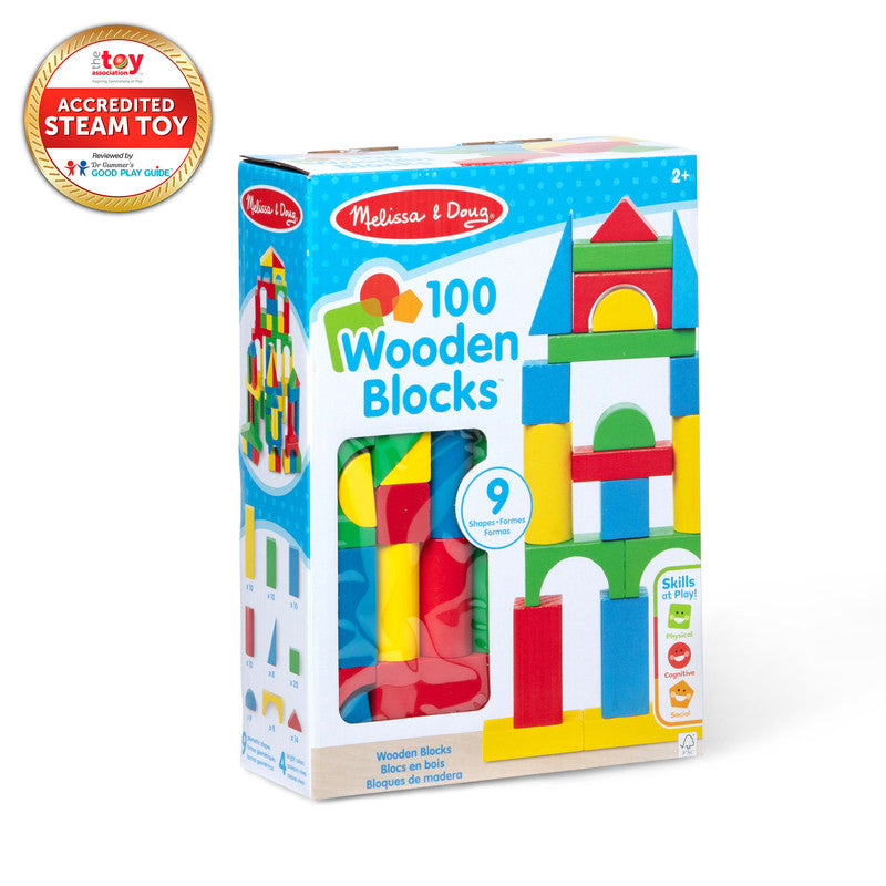 Melissa & Doug Wooden Building Blocks Set - 100 Blocks in 4 Colors and 9 Shapes - FSC Certified