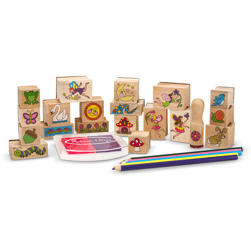 SMD _MELISSA & DOUG _SPIN MASTER Melissa & Doug Stamp-a-Scene Stamp Pad: Fairy Garden - 20 Wooden Stamps, 5 Colored Pencils, and 2-Color Stamp Pad - Image 3