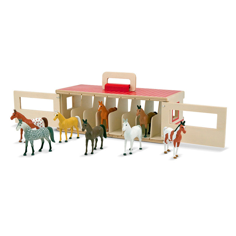 SMD _MELISSA & DOUG _SPIN MASTER Melissa & Doug Take-Along Show-Horse Stable Play Set With Wooden Stable Box and 8 Toy Horses
