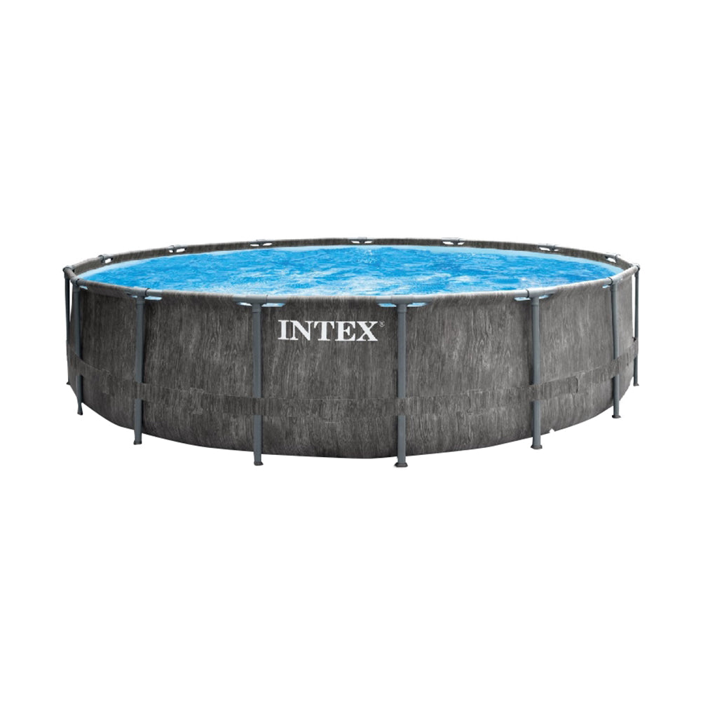 INTEX 15ft Round Prism Frame Premium Pool Set – Stylish Grey Outer Liner Pool with Filter Pump & Safety Step Ladder