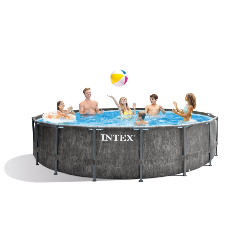 INTEX 15ft Round Prism Frame Premium Pool Set – Stylish Grey Outer Liner Pool with Filter Pump & Safety Step Ladder - Image 2