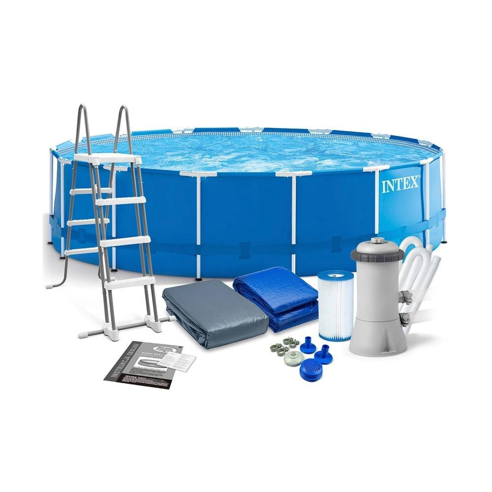 INTEX 15ft Round Metal Frame Pool Set – Classic Backyard Above Ground Pool with Krystal Clear Filter Pump & Ladder - Image 2
