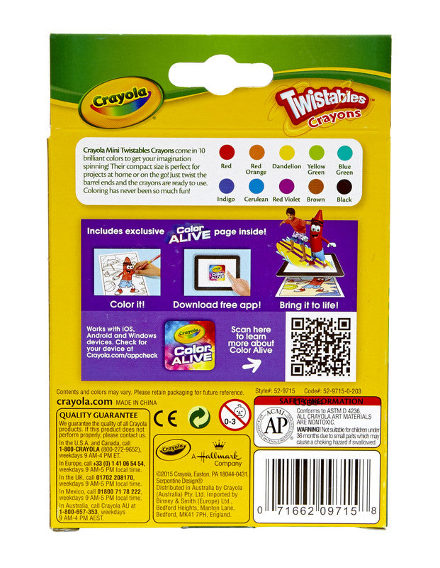 CRAYOLA Mini Twistables No Sharpening Required Crayons – 10 Colors
