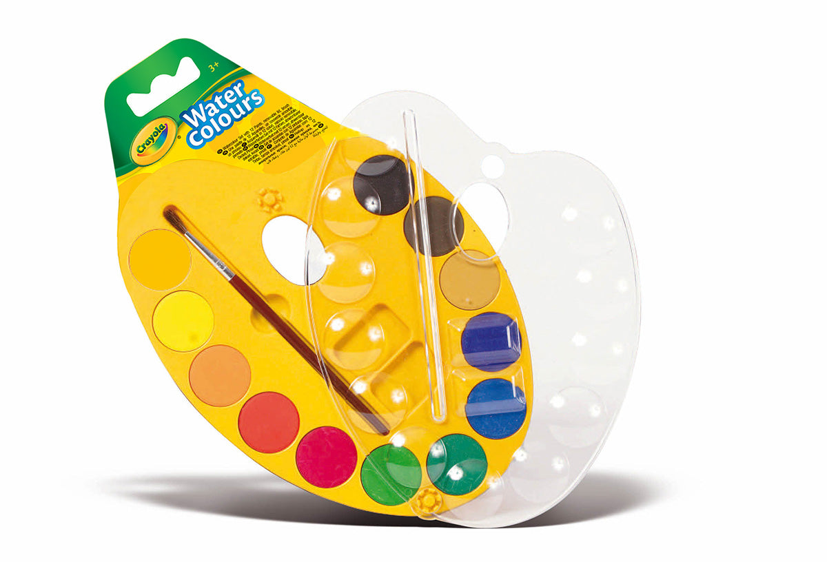 CRAYOLA 12-Color Watercolour Paint Palette with Brush – Portable, Safe, Washable Kids Art Set
