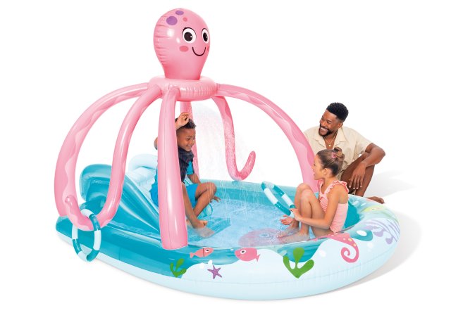 INTEX Friendly Octopus Inflatable Play Center – Splash Pool with Built-in Sprayer & Ring Toss Game