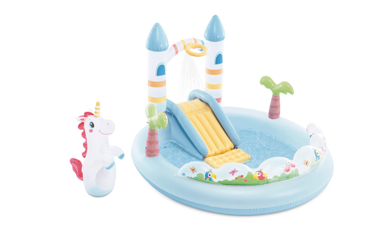 INTEX Unicorn Castle Inflatable Play Center – Magical Water Park with Slide, Ring Toss, & Sprayer