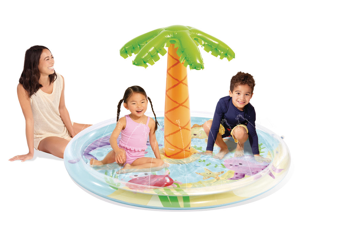 INTEX Palm Tree Spray Kiddie Pool – Tropical Theme Inflatable Splash Pad with Integrated Water Sprinkler