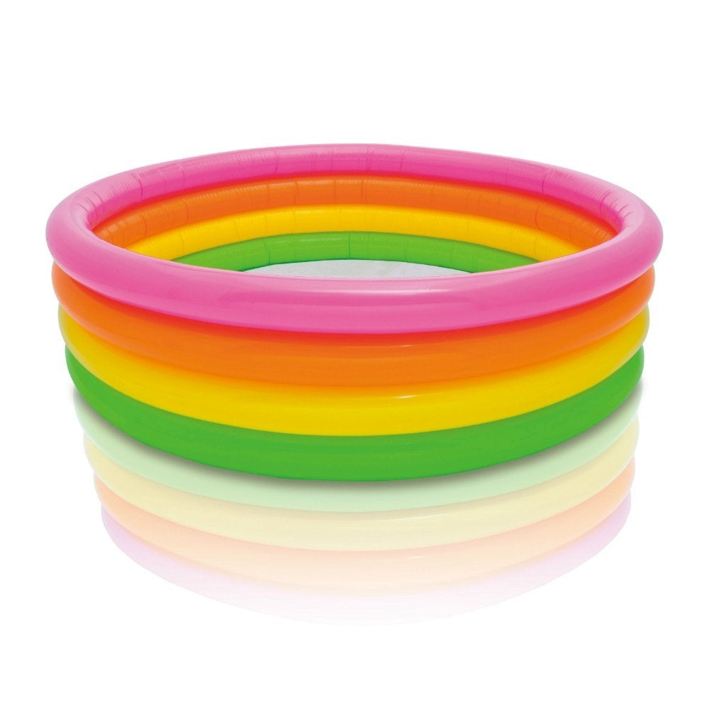 INTEX 4-Ring Inflatable Sunset Glow Pool – Vibrant Rainbow Padded Bottom Splash Pool for Kids