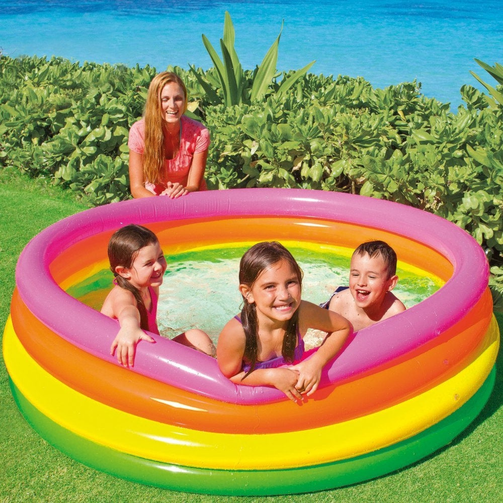 INTEX 4-Ring Inflatable Sunset Glow Pool – Vibrant Rainbow Padded Bottom Splash Pool for Kids - Image 2
