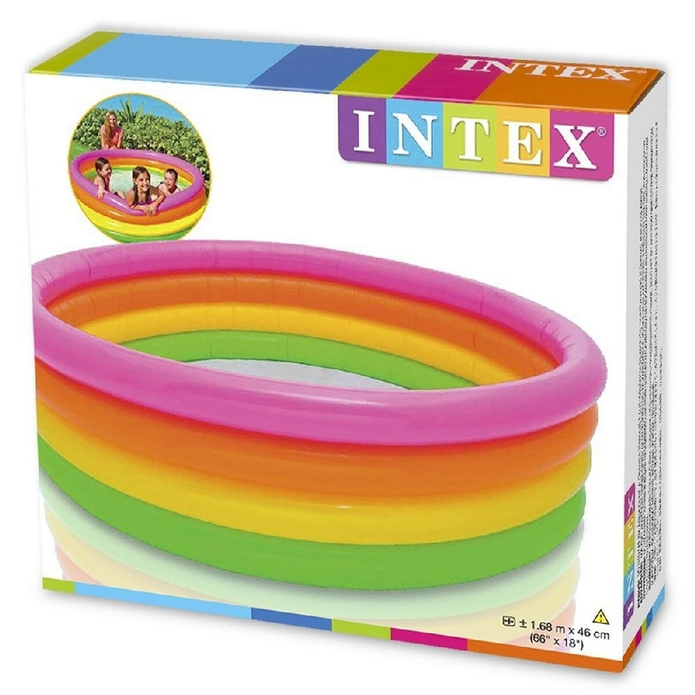 INTEX 4-Ring Inflatable Sunset Glow Pool – Vibrant Rainbow Padded Bottom Splash Pool for Kids - Image 3