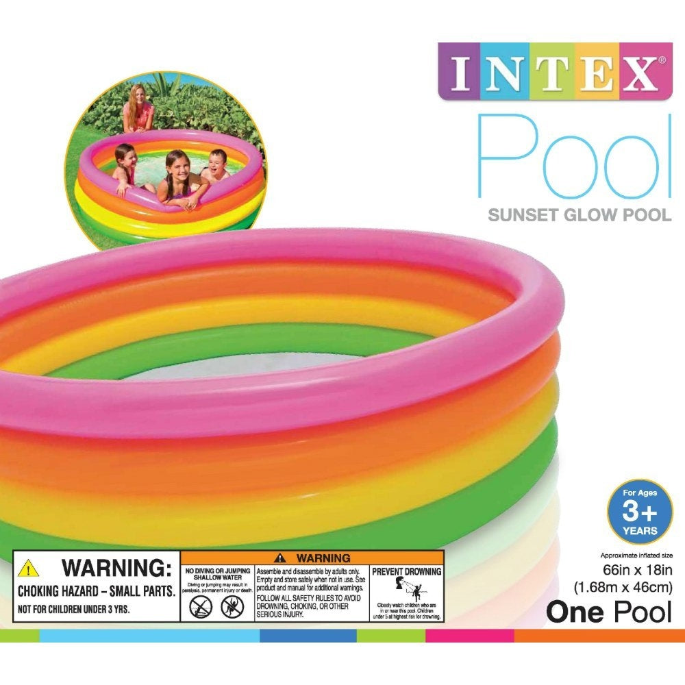 INTEX 4-Ring Inflatable Sunset Glow Pool – Vibrant Rainbow Padded Bottom Splash Pool for Kids - Image 4