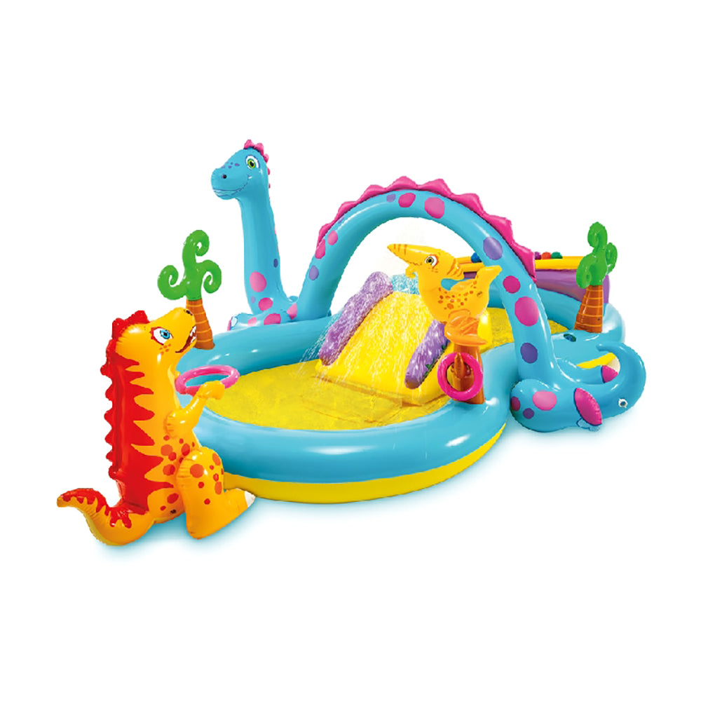 INTEX Dinoland Inflatable Water Play Center – Large Backyard Splash Pad with Slide & Dino Hoops
