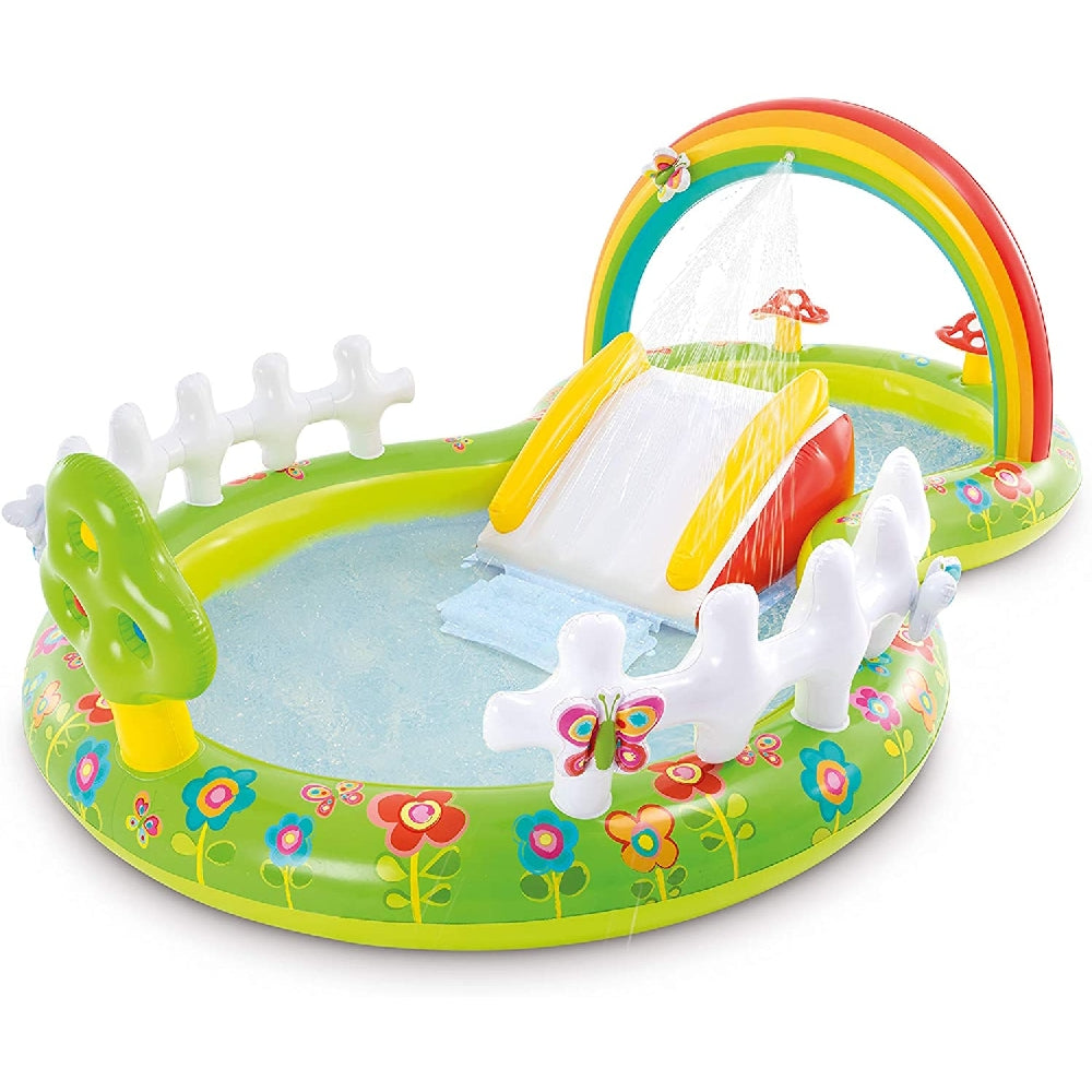 INTEX My Garden Inflatable Play Center – Rainbow Themed Water Park with Slide, Sprayer & Flower Toys