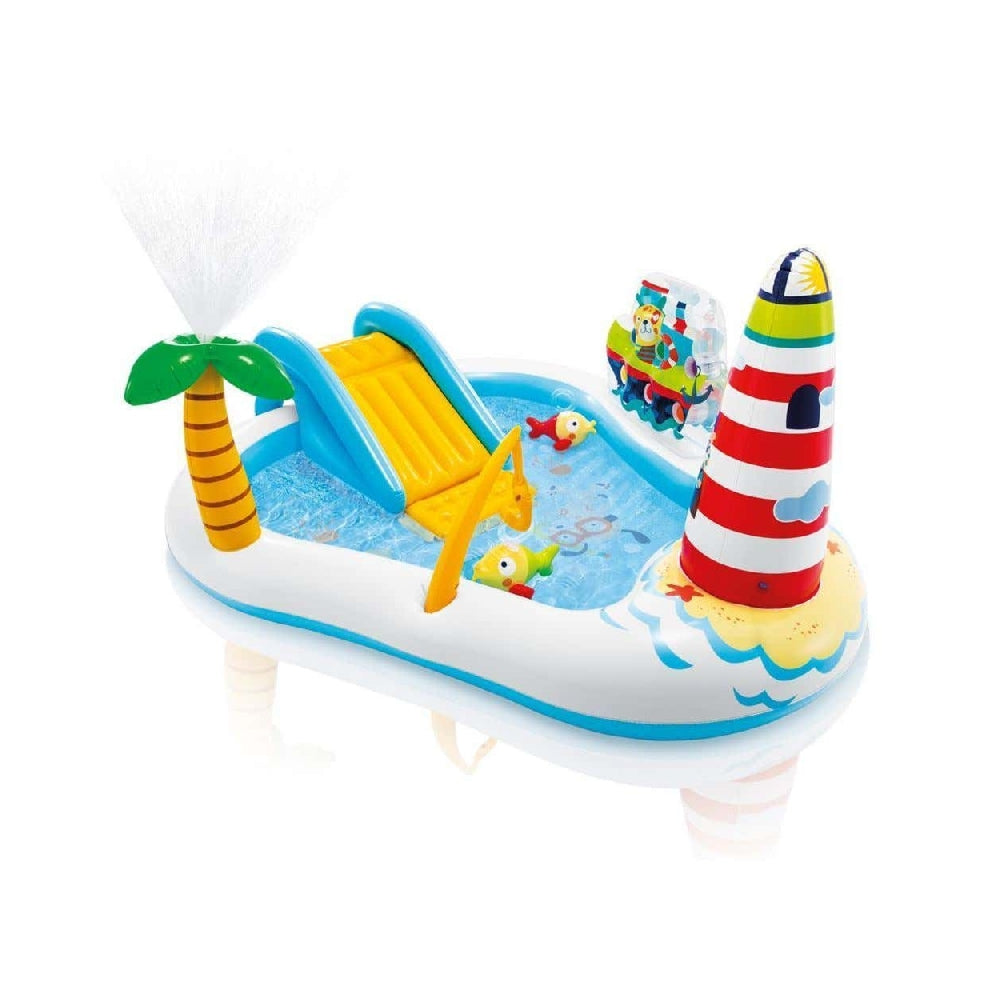 INTEX Fishing Fun Inflatable Play Center – Interactive Water Park with Slide, Palm Tree Sprayer & Fishing Game