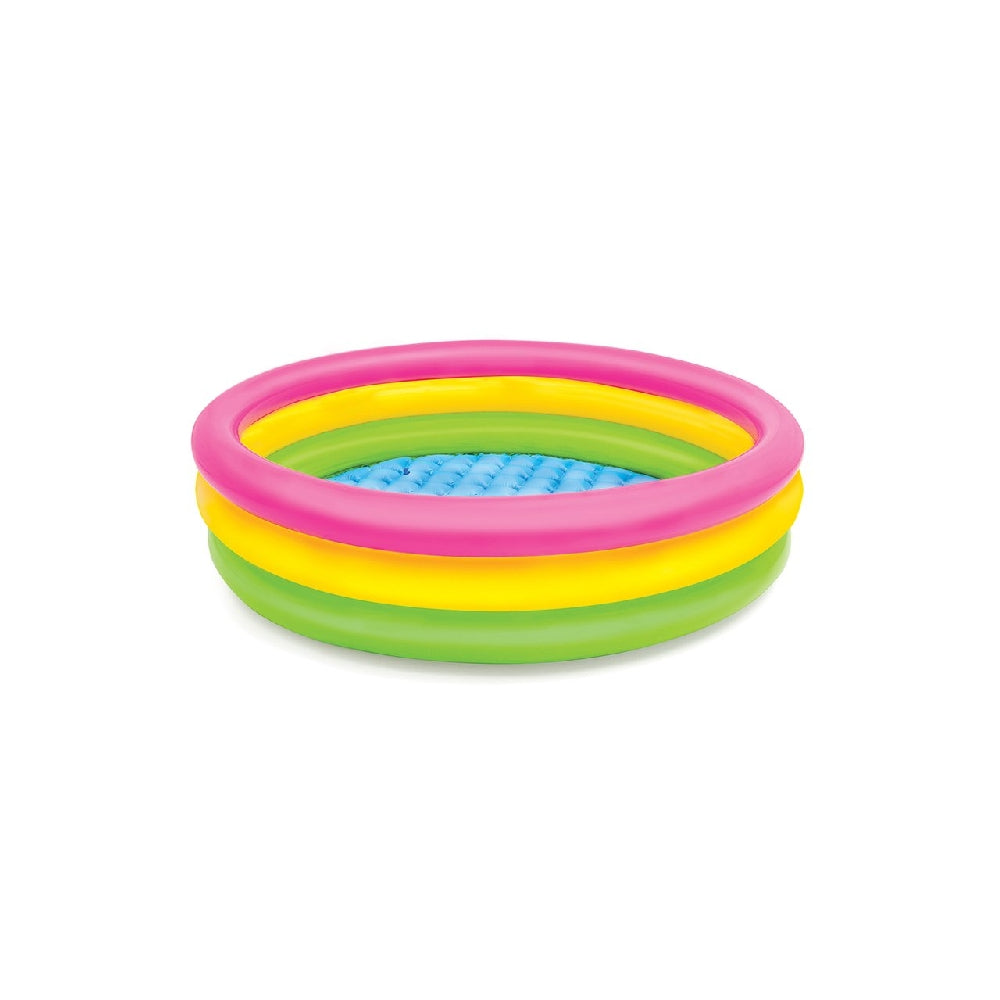 INTEX Sunset Glow Baby Pool – 3-Ring Rainbow Inflatable Toddler Splash Pool with Soft Padded Floor