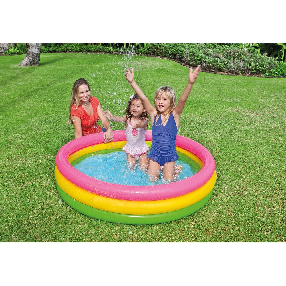 INTEX 3-Ring Sunset Glow Inflatable Pool – Classic Round Rainbow Wading Pool for Backyard Water Play - Image 3