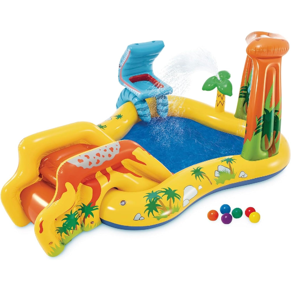 INTEX Dinosaur Inflatable Play Center – Volcano Splash Pad with Slide, Dino Hoops & Ball Game
