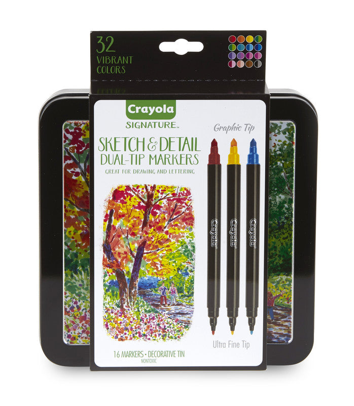 CRAYOLA Artist Storage Tin Sketch & Detail Dual-Tip Markers – 16 Count, 32 Colors