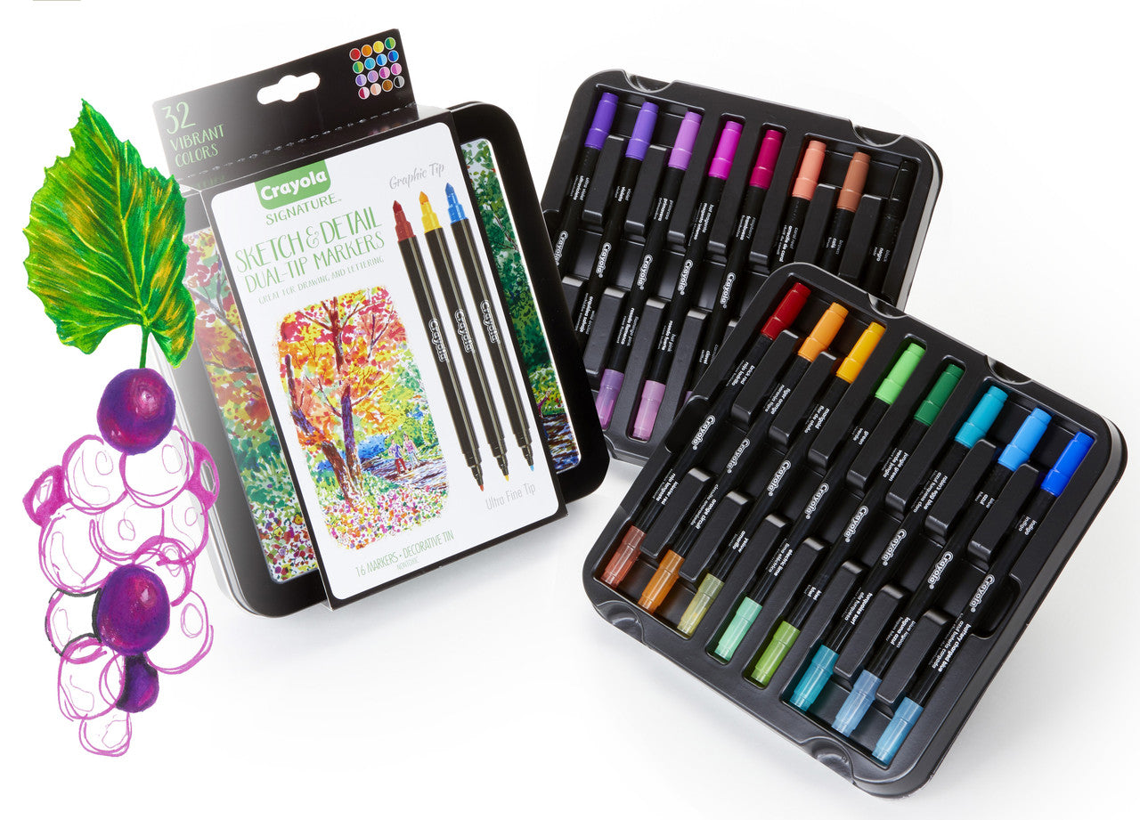 CRAYOLA LLC Crayola Sketch & Detail Dual-Tip Markers – 16 Count, 32 Colors, Artist Storage Tin - Image 2