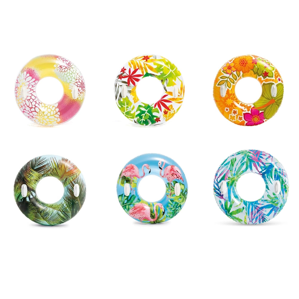 INTEX Tropical Flower Transparent Tube – Elegant Floral Print Swim Ring with Heavy-Duty Handles