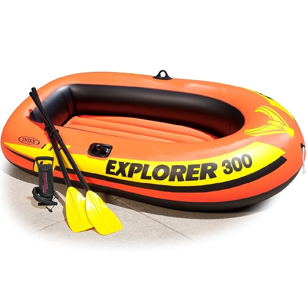 INTEX Explorer 300 Inflatable Boat Set – 3-Person Recreational Lake Raft with Aluminum Oars & Air Pump