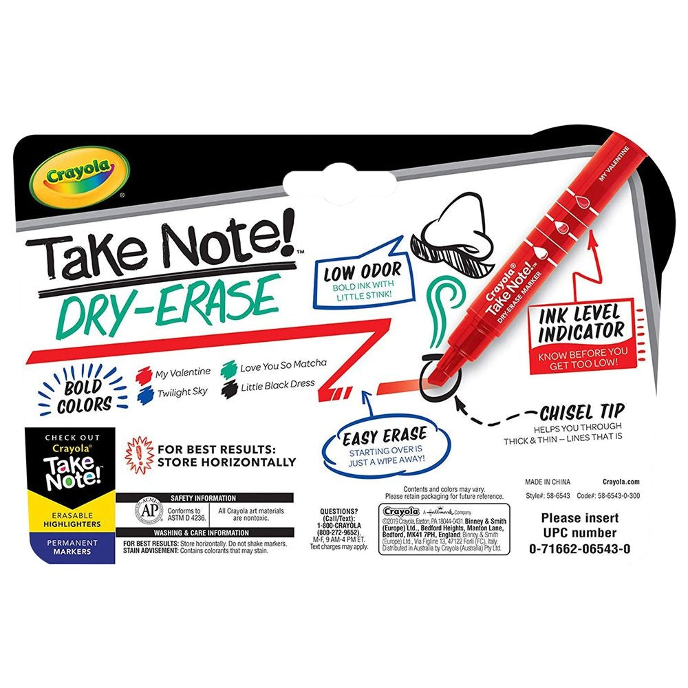 CRAYOLA LLC Crayola Take Note Chisel Tip Dry Erase Markers Unisex, 10+ Years, Pack of 4 - Image 4