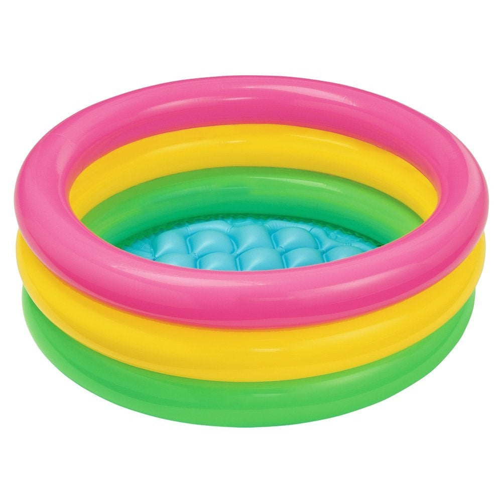 INTEX Sunset Glow Baby Pool – 3-Ring Rainbow Inflatable Splash Pool with Soft Padded Safety Floor