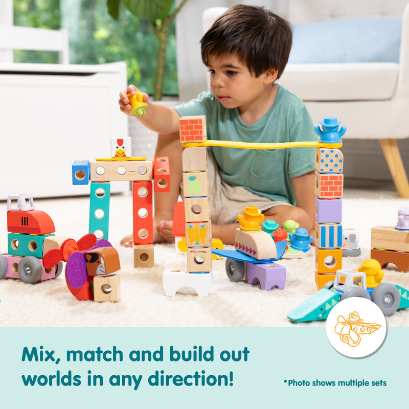 SMD _MELISSA & DOUG _SPIN MASTER Melissa & Doug Blockables Farm Friends Snap And Play, Mix And Match Connectable Wooden Building Blocks Play Set Toy for Preschool Boys And Girls (16 Pcs) - FSC Certified - Image 5