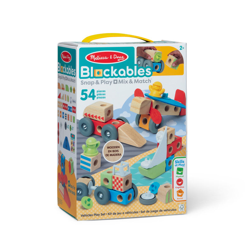 SMD _MELISSA & DOUG _SPIN MASTER Melissa & Doug Blockables Vehicles Snap And Play, Mix And Match Connectable Wooden Building Blocks Play Set Toy for Preschool Boys And Girls (54 Pcs) - FSC Certified