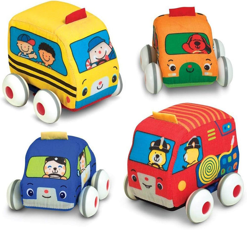 Melissa & Doug K's Kids Pull-Back Vehicle Set - Soft Baby Toy Set With 4 Cars and Trucks and Carrying Case