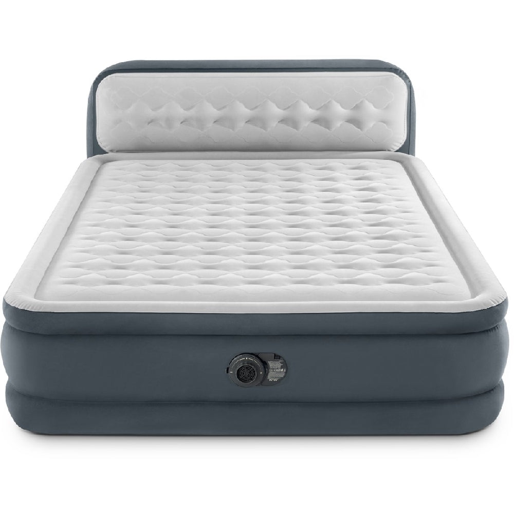 INTEX Queen Dura-Beam Headboard Airbed – 18in High Inflatable Guest Mattress with Built-in Electric Pump