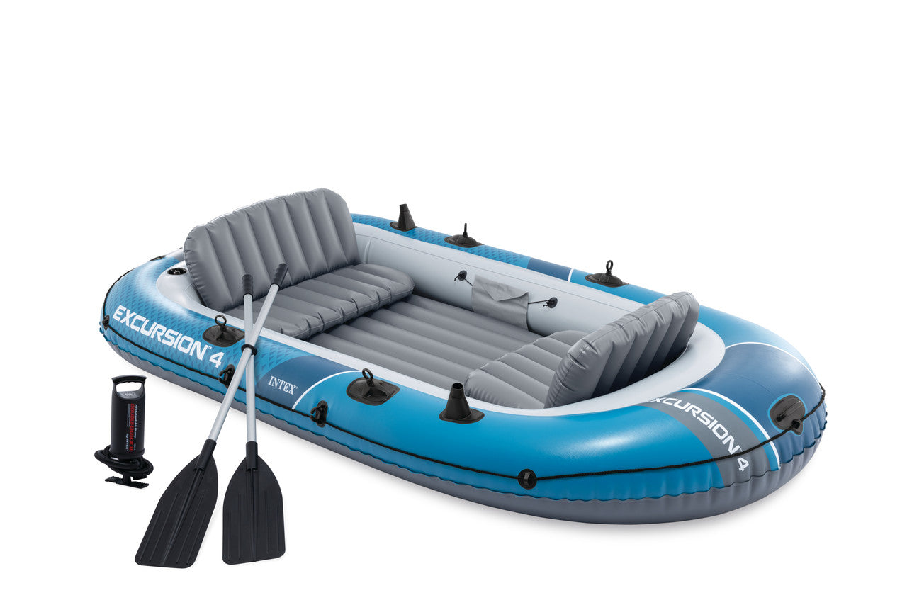 INTEX Excursion 4 Premium Inflatable Boat – 4-Person Professional Rowing & Fishing Raft with All-Inclusive Set