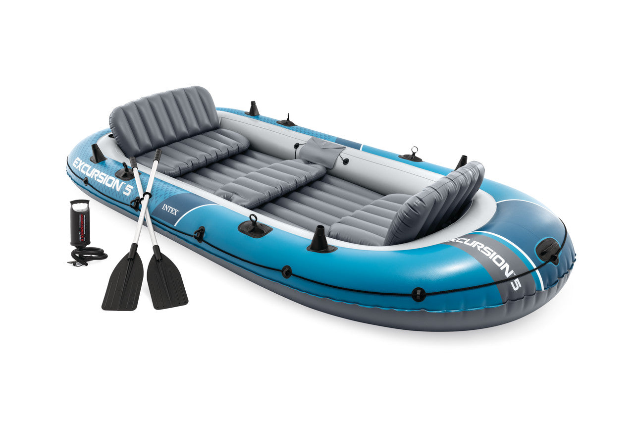 INTEX Excursion 5 Premium Inflatable Boat – 5-Person Family Fishing Raft with Inflatable Seats & Aluminum Oars