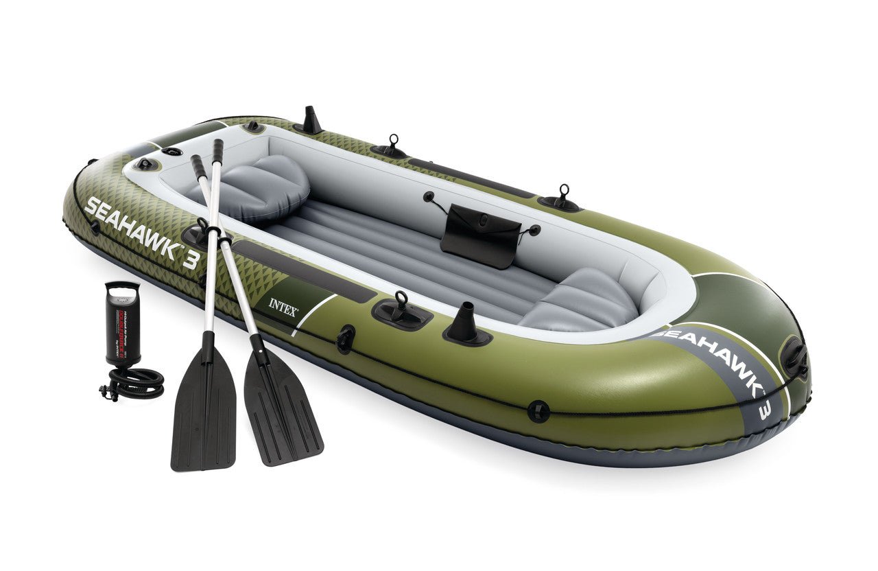 INTEX Seahawk 3 Adventure Inflatable Boat – 3-Person Professional Fishing Raft with Oars & Gear Pouches
