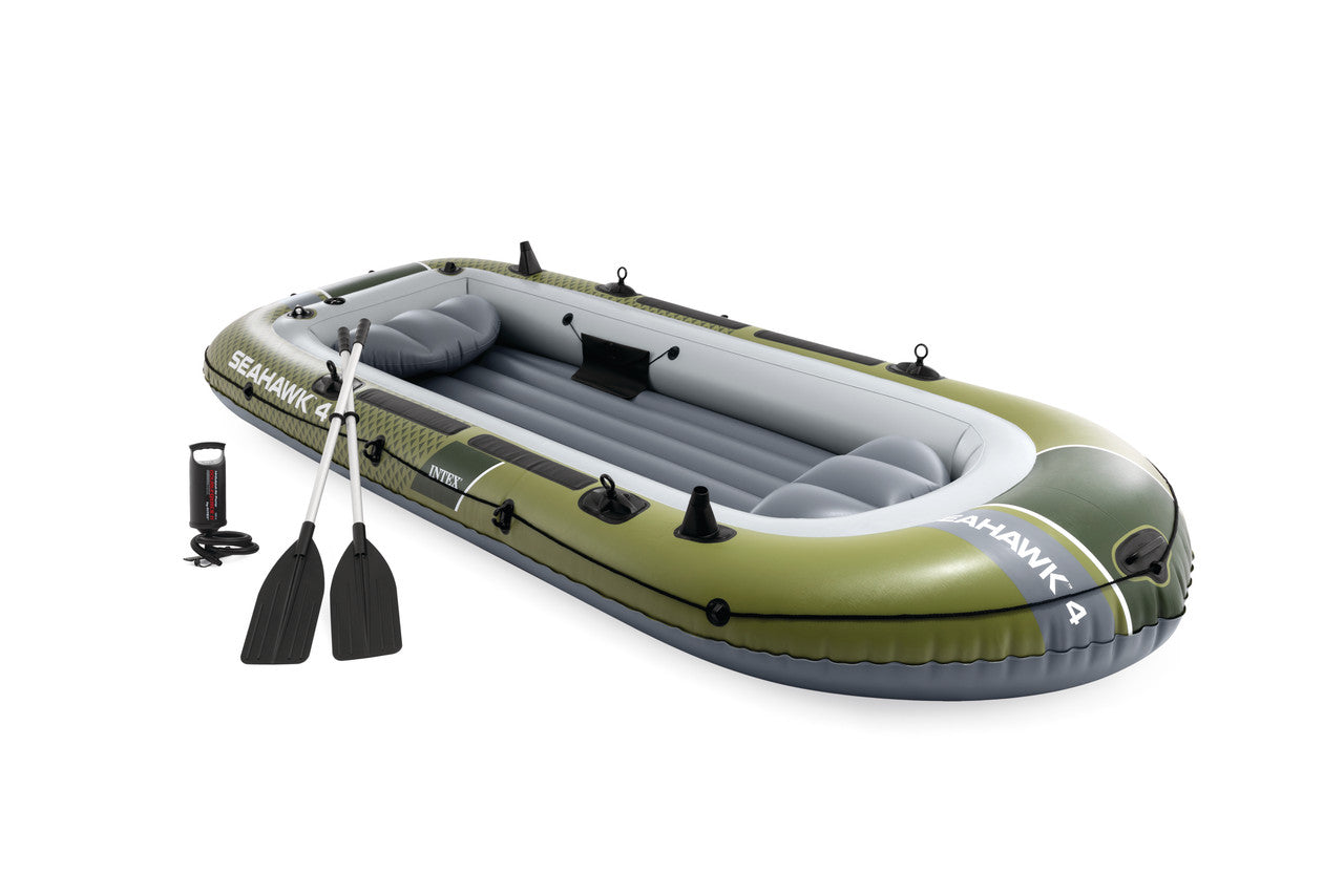 INTEX Seahawk 4 Adventure Inflatable Boat – 4-Person Heavy-Duty Recreational Boat with Fishing Rod Holders