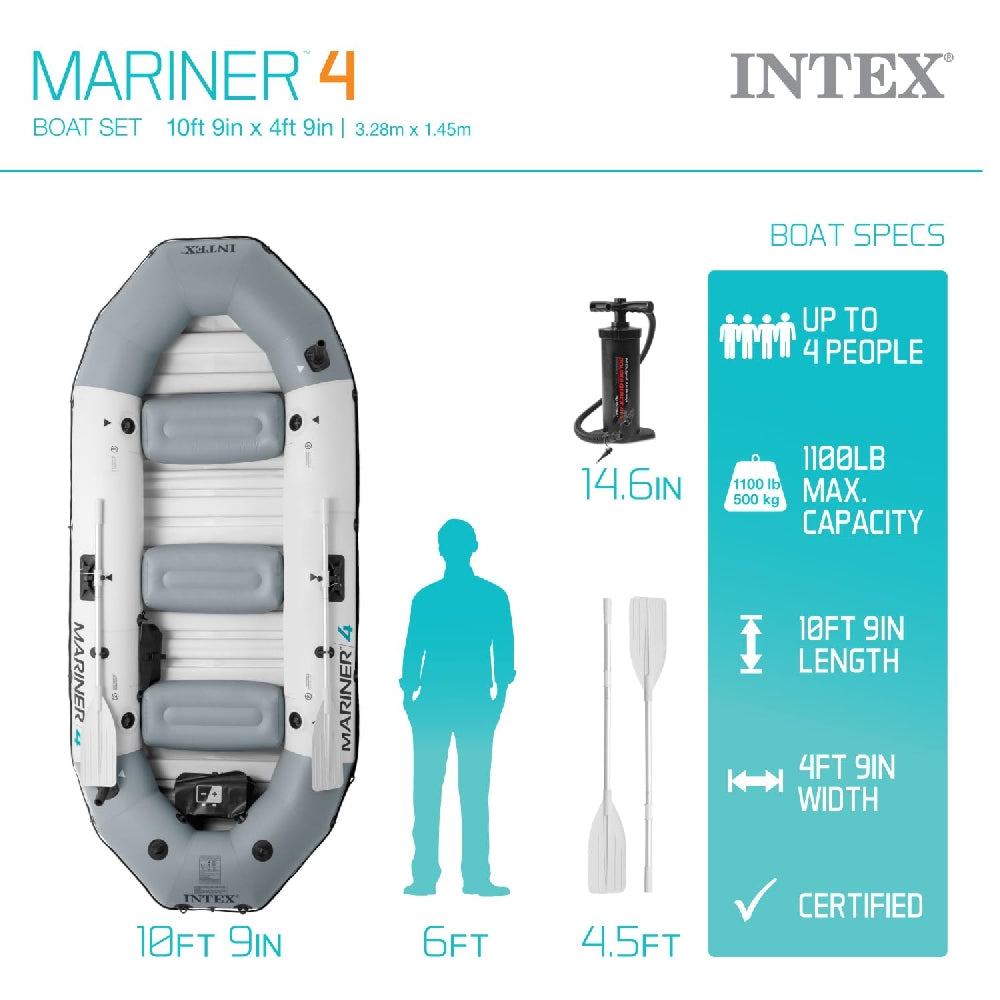 INTEX Marine 4 Inflatable Boat Set – 4-Person Heavy Duty Fishing & Rowing Boat with Aluminum Oars & Pump (13+) - Image 4