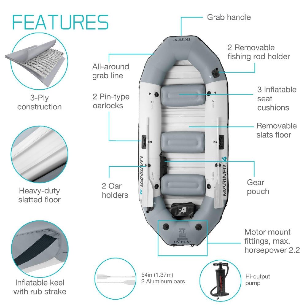 INTEX Marine 4 Inflatable Boat Set – 4-Person Heavy Duty Fishing & Rowing Boat with Aluminum Oars & Pump (13+) - Image 5