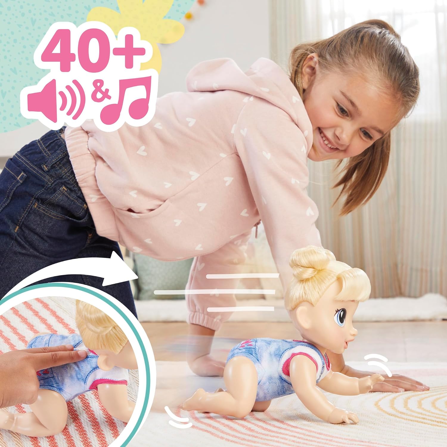 Baby Alive Crawl 'n Play Harper Hugs Electronic Crawling Baby Doll Set, Blonde Hair, Kids Toys for Girls & Boys 3 Years & Up, 10.75 Inches - Image 4