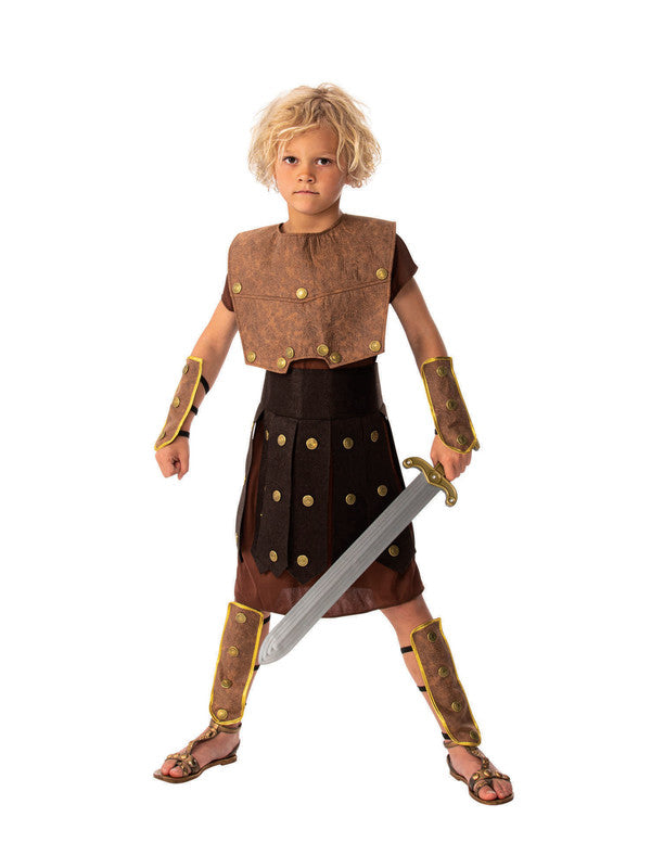 Brave Warrior Boy Costume for Kids | Roman Gladiator Outfit with Tunic, Vest & Arm Guards | Size Medium (8-10 Years)