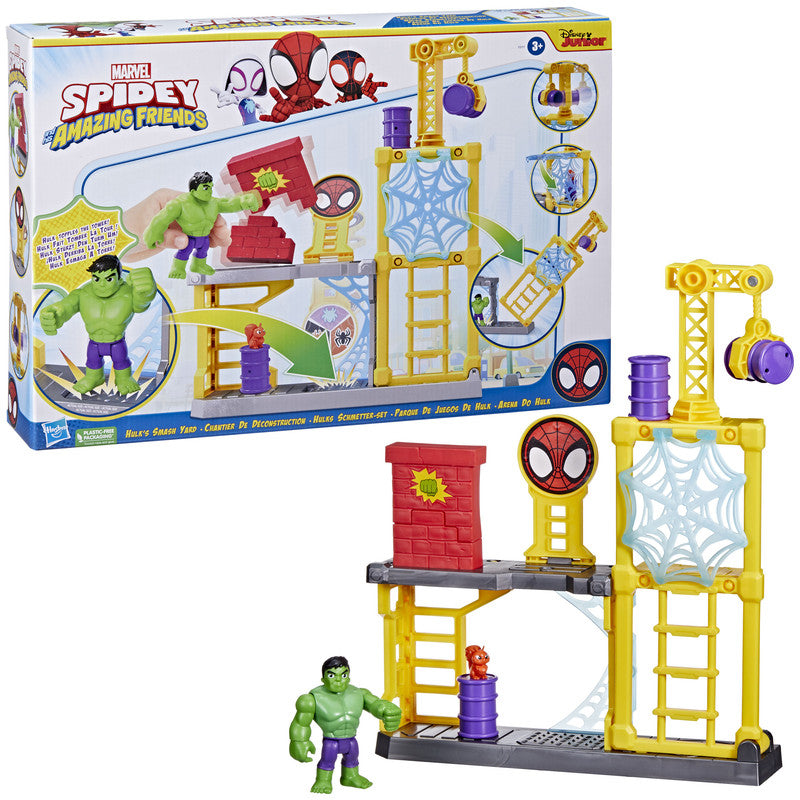 Marvel Spidey and His Amazing Friends Hulk's Smash Yard, Hulk Playset with Toppling Tower and Smash Wall, Super Hero Toys for Kids 3 and Up